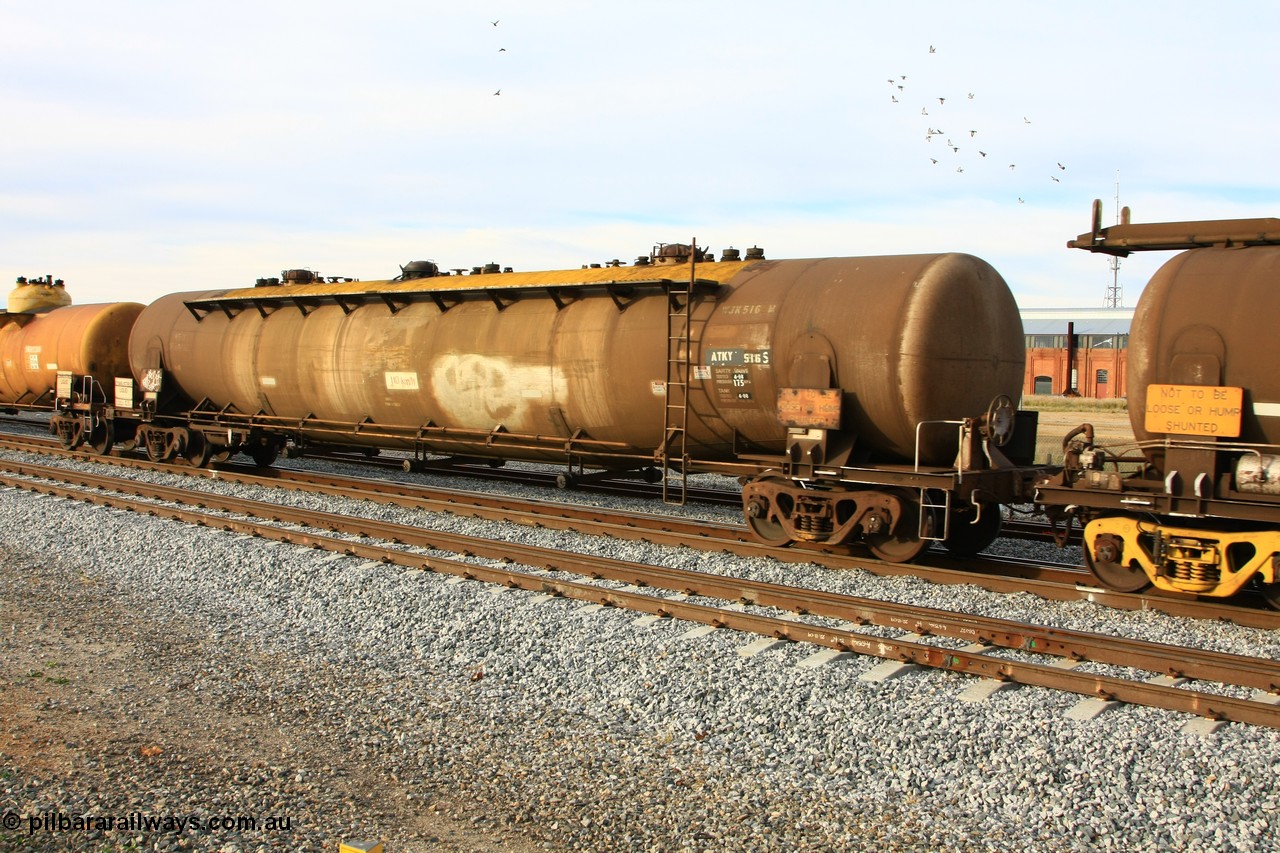 100611 0375
Midland, ATKY 516 fuel tank waggon built by Tulloch Ltd NSW in 1971 along with sister 515 for BP Oil as WJK type 93,000 litres three compartment and three domes, recoded to WJKY.
Keywords: ATKY-type;ATKY516;Tulloch-Ltd-NSW;WJK-type;WJKY-type;