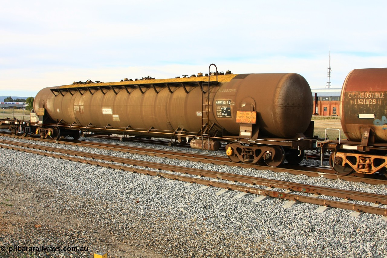 100611 0386
Midland, ATKY 515 fuel tank waggon built by Tulloch Ltd NSW in 1971 along with sister 516 for BP Oil as WJK type 93,000 litres three compartment and three domes, working capacity is probably 80500 litres in line with the rest of the fleet.
Keywords: ATKY-type;ATKY515;Tulloch-Ltd-NSW;WJK-type;WJKY-type;