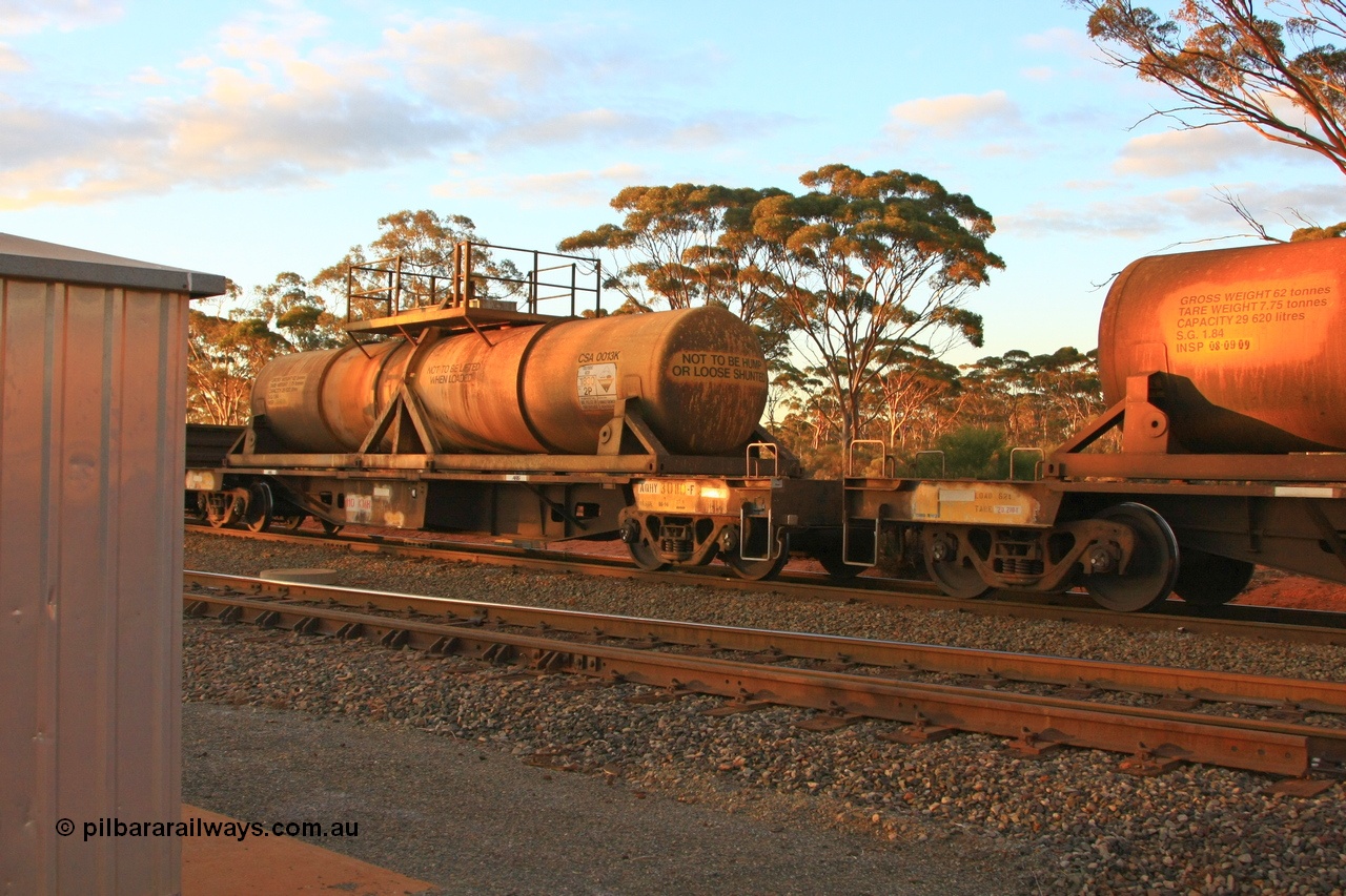 100731 3219
Binduli, AQHY 30110 with sulphuric acid tank CSA 0013, originally built by the WAGR Midland Workshops in 1964/66 at WF type flat waggons, then following several codes and modifications in 1997 seventy five were converted to WQH to carry CSA sulphuric acid tanks between Hampton/Kalgoorlie and Perth/Kwinana.
Keywords: AQHY-type;AQHY30110;WAGR-Midland-WS;WF-type;WFW-type;WFDY-type;WFDF-type;RFDF-type;WQH-type;