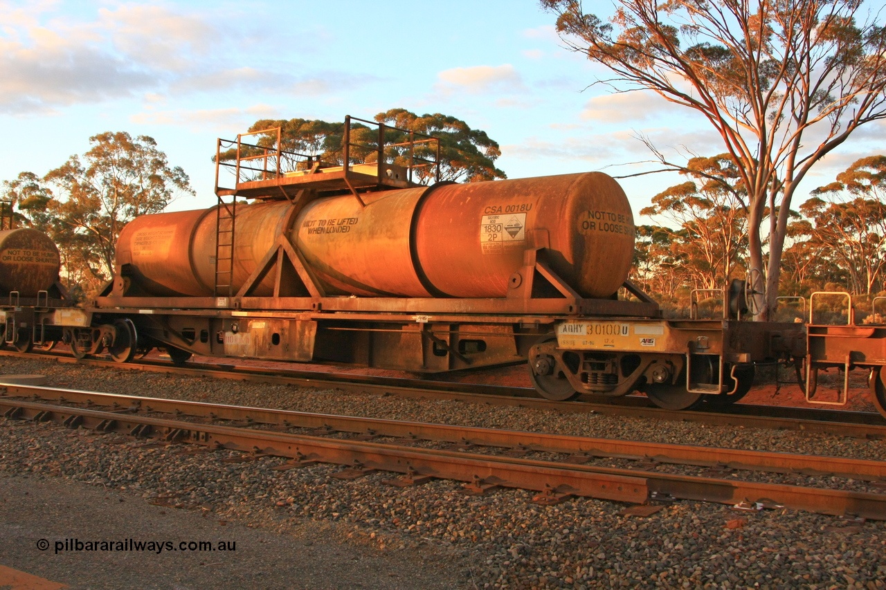 100731 3220
Binduli, AQHY 30100 with sulphuric acid tank CSA 0018, originally built by the WAGR Midland Workshops in 1964/66 at WF type flat waggons, then following several codes and modifications in 1997 seventy five were converted to WQH to carry CSA sulphuric acid tanks between Hampton/Kalgoorlie and Perth/Kwinana.
Keywords: AQHY-type;AQHY30100;WAGR-Midland-WS;WF-type;WFP-type;WFDY-type;WFDF-type;WQH-type;