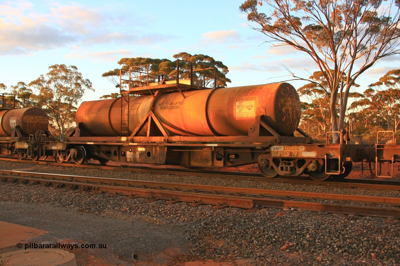 100731 3222
Binduli, AQHY 30026 with sulphuric acid tank CSA 0058, originally built by the WAGR Midland Workshops in 1964/66 at WF type flat waggons, then following several codes and modifications in 1997 seventy five were converted to WQH to carry CSA sulphuric acid tanks between Hampton/Kalgoorlie and Perth/Kwinana.
Keywords: AQHY-type;AQHY30026;WAGR-Midland-WS;WF-type;WFW-type;WFDY-type;WFDF-type;RFDF-type;WQH-type;