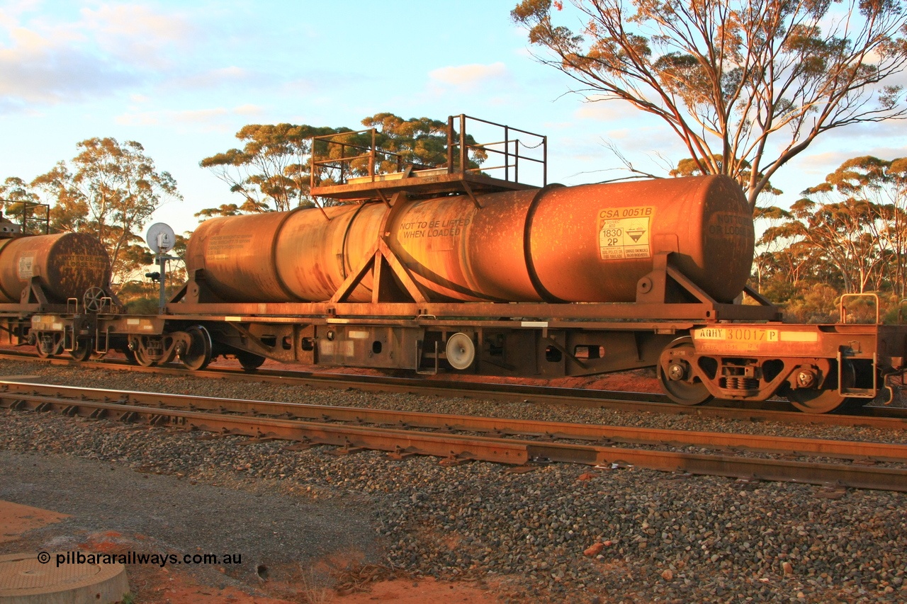 100731 3223
Binduli, AQHY 30017 with sulphuric acid tank CSA 0051, originally built by the WAGR Midland Workshops in 1964/66 at WF type flat waggons, then following several codes and modifications in 1997 seventy five were converted to WQH to carry CSA sulphuric acid tanks between Hampton/Kalgoorlie and Perth/Kwinana.
Keywords: AQHY-type;AQHY30017;WAGR-Midland-WS;WF-type;WFDY-type;WFDF-type;RFDF-type;WQH-type;