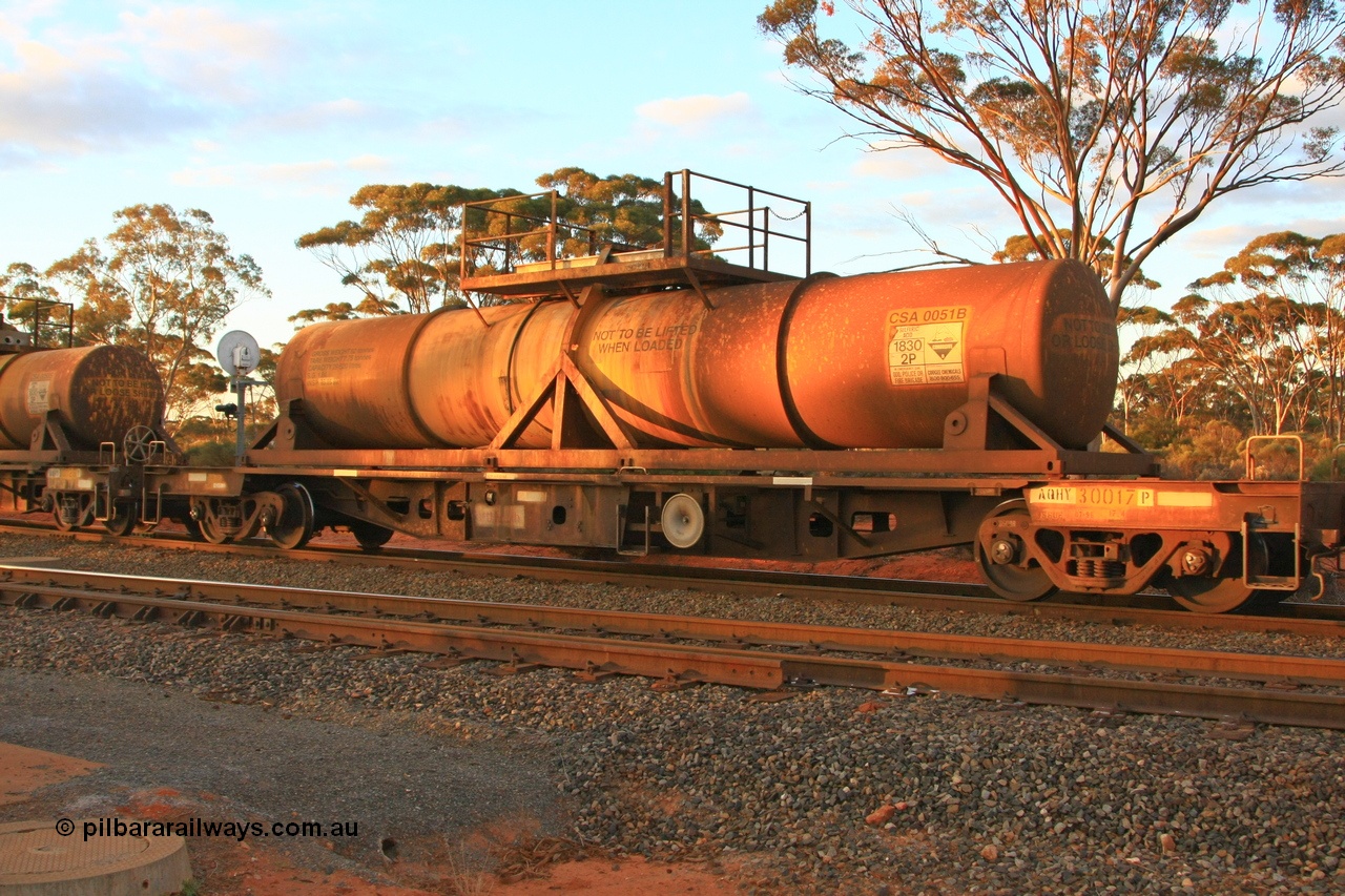 100731 3223
Binduli, AQHY 30017 with sulphuric acid tank CSA 0051, originally built by the WAGR Midland Workshops in 1964/66 at WF type flat waggons, then following several codes and modifications in 1997 seventy five were converted to WQH to carry CSA sulphuric acid tanks between Hampton/Kalgoorlie and Perth/Kwinana.
Keywords: AQHY-type;AQHY30017;WAGR-Midland-WS;WF-type;WFDY-type;WFDF-type;RFDF-type;WQH-type;