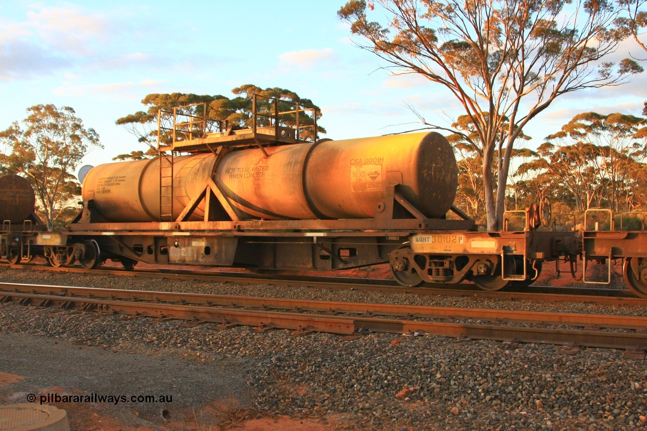 100731 3224
Binduli, AQHY 30102 with sulphuric acid tank CSA 0001, originally built by the WAGR Midland Workshops in 1964/66 at WF type flat waggons, then following several codes and modifications in 1997 seventy five were converted to WQH to carry CSA sulphuric acid tanks between Hampton/Kalgoorlie and Perth/Kwinana.
Keywords: AQHY-type;AQHY30102;WAGR-Midland-WS;WF-type;WFDY-type;WFDF-type;RFDF-type;WQH-type;