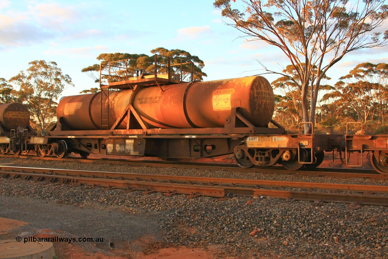 100731 3226
Binduli, AQHY 30055 with sulphuric acid tank CSA 0066, originally built by the WAGR Midland Workshops in 1964/66 at WF type flat waggons, then following several codes and modifications in 1997 seventy five were converted to WQH to carry CSA sulphuric acid tanks between Hampton/Kalgoorlie and Perth/Kwinana.
Keywords: AQHY-type;AQHY30055;WAGR-Midland-WS;WF-type;WFW-type;WFDY-type;WFDF-type;RFDF-type;WQH-type;