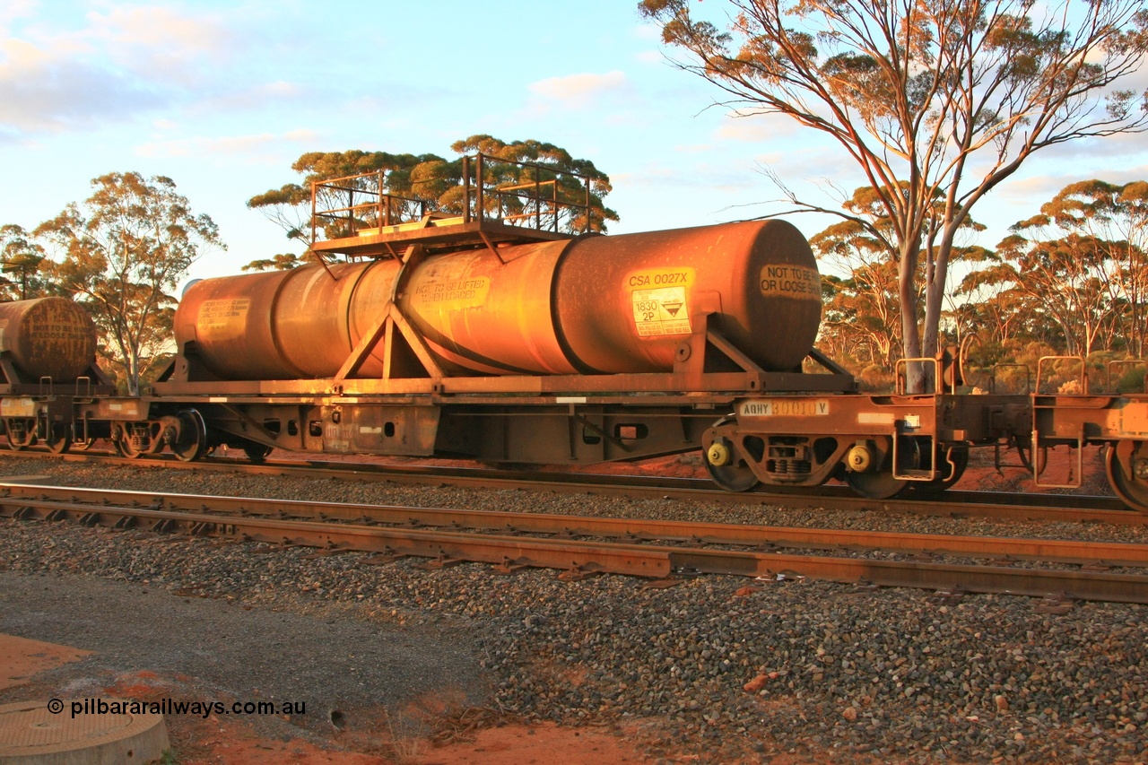 100731 3227
Binduli, AQHY 30010 with sulphuric acid tank CSA 0027, originally built by the WAGR Midland Workshops in 1964/66 at WF type flat waggons, then following several codes and modifications in 1997 seventy five were converted to WQH to carry CSA sulphuric acid tanks between Hampton/Kalgoorlie and Perth/Kwinana.
Keywords: AQHY-type;AQHY30010;WAGR-Midland-WS;WF-type;WFDY-type;WFDF-type;RFDF-type;WQH-type;