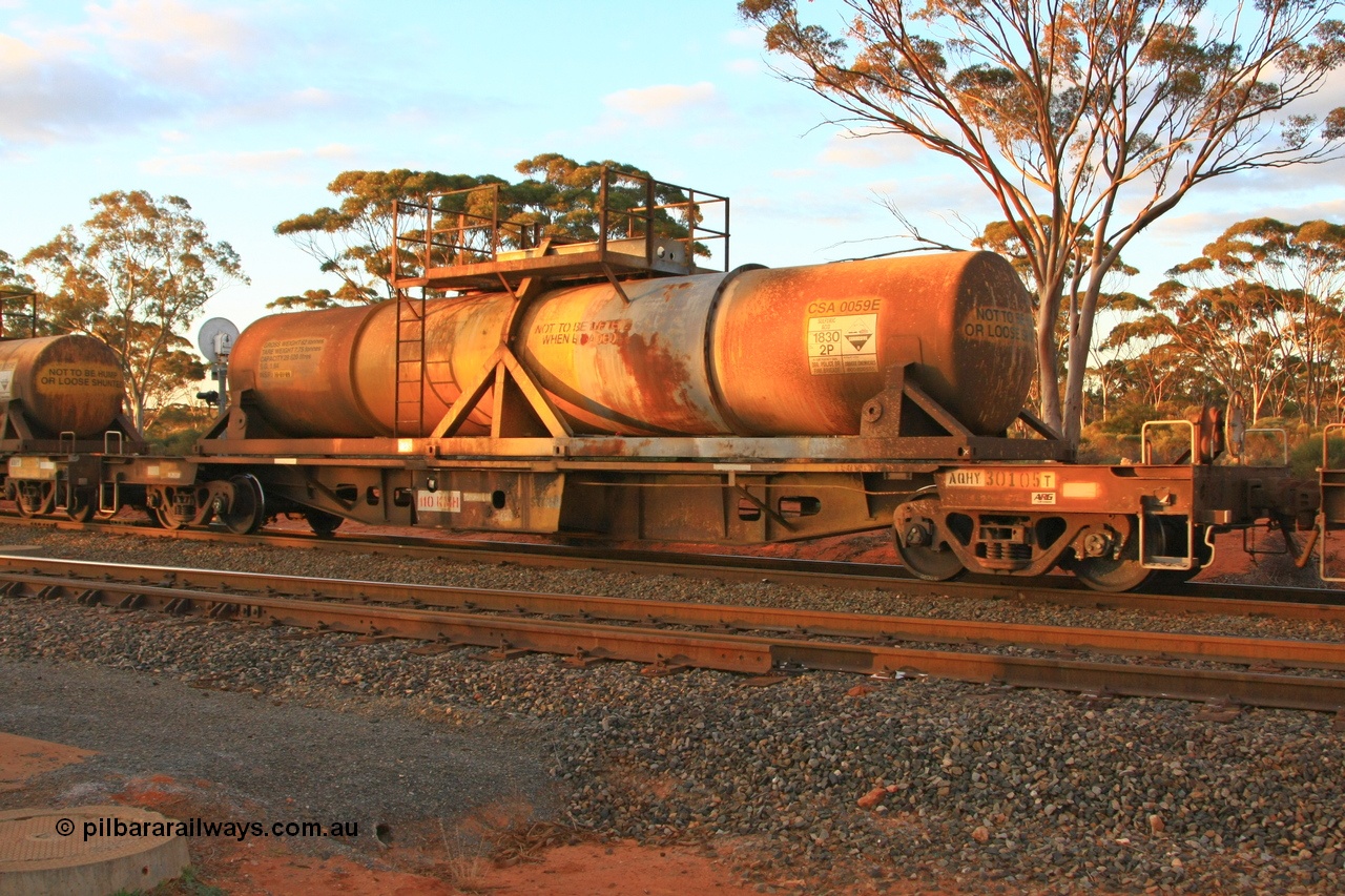 100731 3229
Binduli, AQHY 30105 with sulphuric acid tank CSA 0059, originally built by the WAGR Midland Workshops in 1964/66 at WF type flat waggons, then following several codes and modifications in 1997 seventy five were converted to WQH to carry CSA sulphuric acid tanks between Hampton/Kalgoorlie and Perth/Kwinana.
Keywords: AQHY-type;AQHY30105;WAGR-Midland-WS;WF-type;WFP-type;WFDY-type;WFDF-type;RFDF-type;WQH-type;