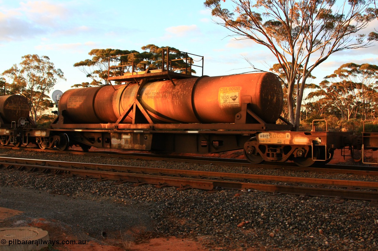 100731 3230
Binduli, AQHY 30038 with sulphuric acid tank CSA 0012, originally built by the WAGR Midland Workshops in 1964/66 at WF type flat waggons, then following several codes and modifications in 1997 seventy five were converted to WQH to carry CSA sulphuric acid tanks between Hampton/Kalgoorlie and Perth/Kwinana.
Keywords: AQHY-type;AQHY30038;WAGR-Midland-WS;WF-type;WFP-type;WFDY-type;WFDF-type;RFDF-type;WQH-type;