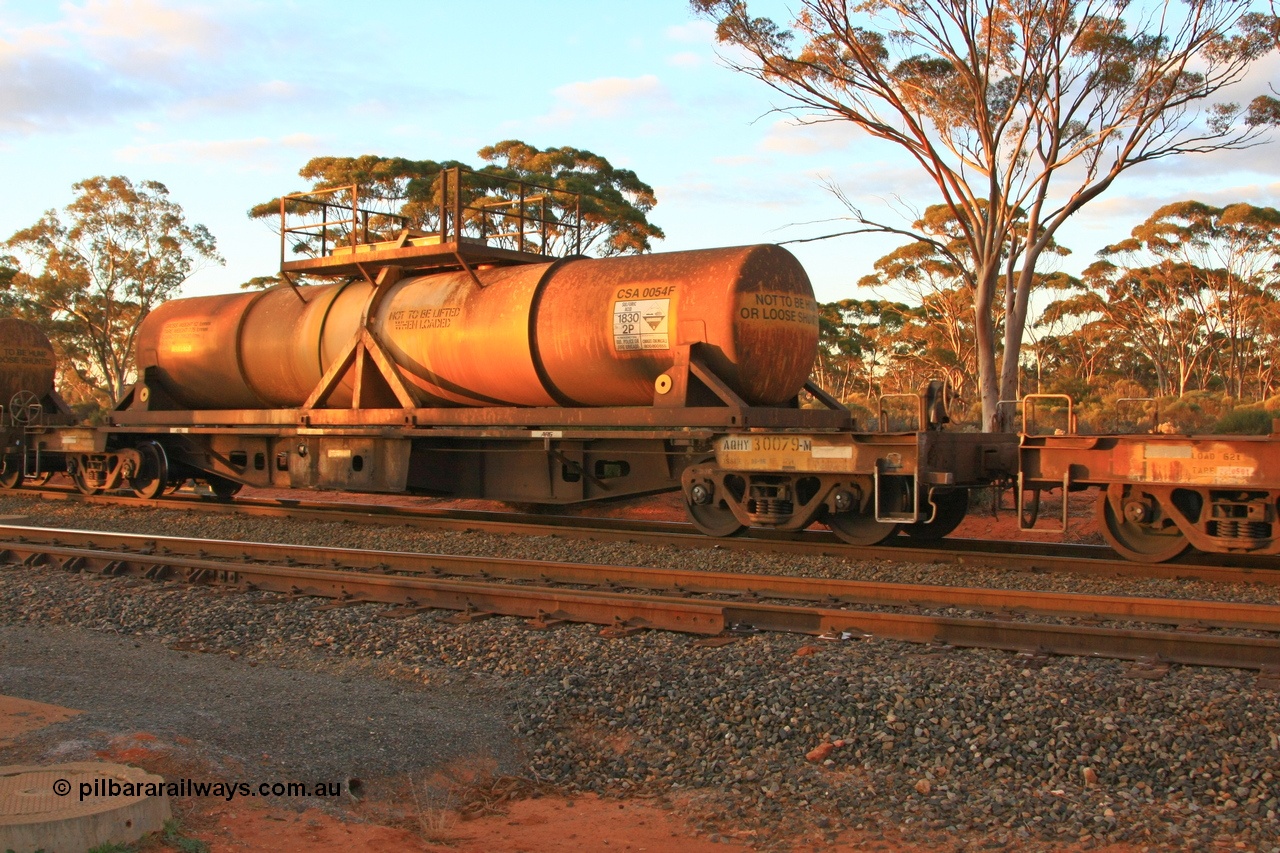 100731 3234
Binduli, AQHY 30079 with sulphuric acid tank CSA 0054, originally built by the WAGR Midland Workshops in 1964/66 at WF type flat waggons, then following several codes and modifications in 1997 seventy five were converted to WQH to carry CSA sulphuric acid tanks between Hampton/Kalgoorlie and Perth/Kwinana.
Keywords: AQHY-type;AQHY30079;WAGR-Midland-WS;WF-type;WFDY-type;WFDF-type;RFDF-type;WQH-type;