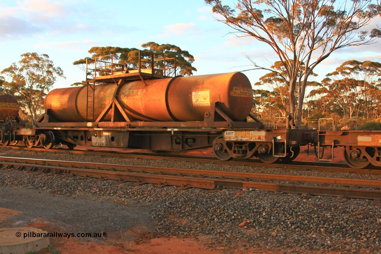 100731 3235
Binduli, AQHY 30016 with sulphuric acid tank CSA 0006, originally built by the WAGR Midland Workshops in 1964/66 at WF type flat waggons, then following several codes and modifications in 1997 seventy five were converted to WQH to carry CSA sulphuric acid tanks between Hampton/Kalgoorlie and Perth/Kwinana.
Keywords: AQHY-type;AQHY30016;WAGR-Midland-WS;WF-type;WMA-type;WFDY-type;WFDF-type;RFDF-type;WQH-type;