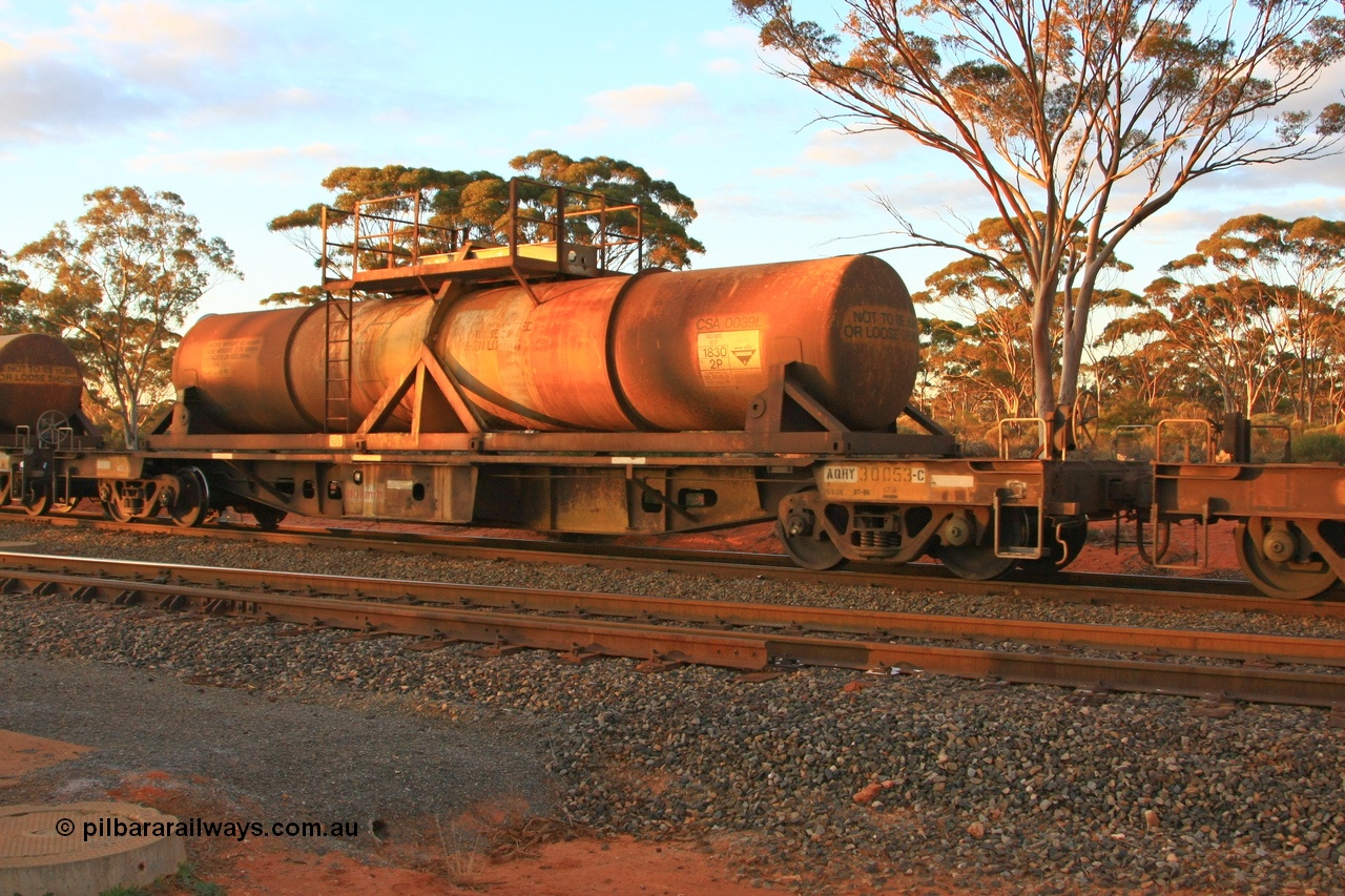 100731 3236
Binduli, AQHY 30053 with sulphuric acid tank CSA 0039, originally built by the WAGR Midland Workshops in 1964/66 at WF type flat waggons, then following several codes and modifications in 1997 seventy five were converted to WQH to carry CSA sulphuric acid tanks between Hampton/Kalgoorlie and Perth/Kwinana.
Keywords: AQHY-type;AQHY30053;WAGR-Midland-WS;WF-type;WFDY-type;WFDF-type;RFDF-type;WQH-type;