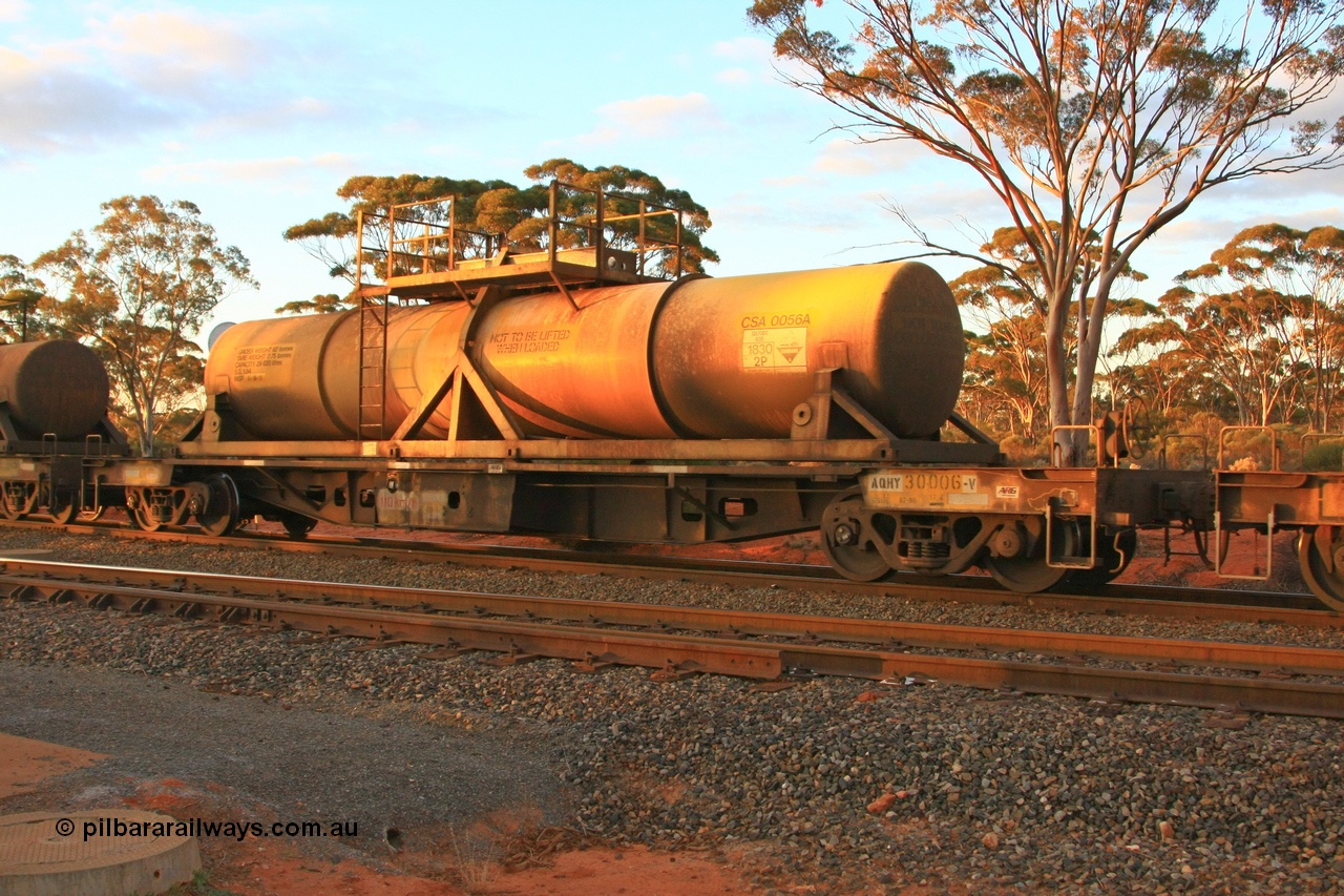 100731 3238
Binduli, AQHY 30006 with sulphuric acid tank CSA 0056, originally built by the WAGR Midland Workshops in 1964/66 at WF type flat waggons, then following several codes and modifications in 1997 seventy five were converted to WQH to carry CSA sulphuric acid tanks between Hampton/Kalgoorlie and Perth/Kwinana.
Keywords: AQHY-type;AQHY30006;WAGR-Midland-WS;WF-type;WMA-type;WFDY-type;WFDF-type;RFDF-type;WQH-type;