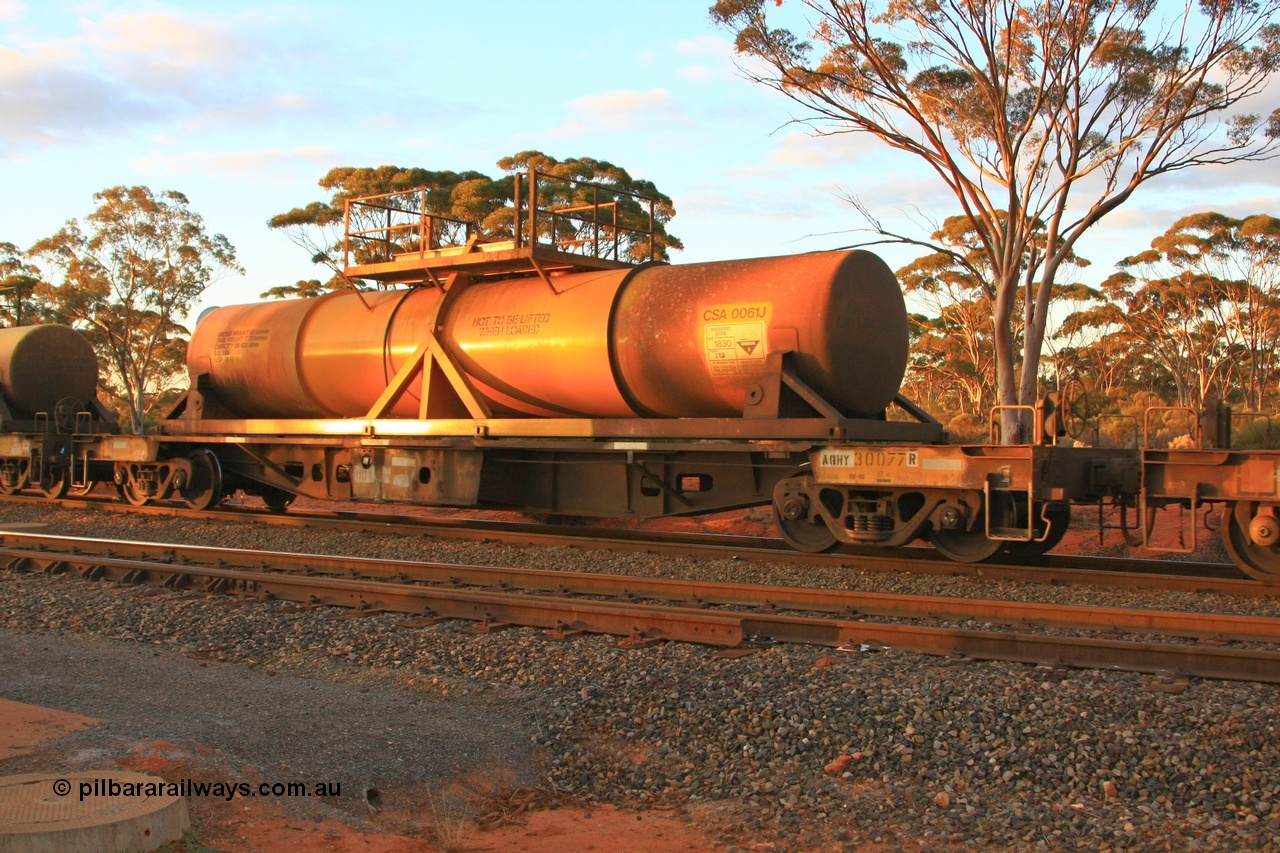 100731 3239
Binduli, AQHY 30077 with sulphuric acid tank CSA 0061, originally built by the WAGR Midland Workshops in 1964/66 at WF type flat waggons, then following several codes and modifications in 1997 seventy five were converted to WQH to carry CSA sulphuric acid tanks between Hampton/Kalgoorlie and Perth/Kwinana.
Keywords: AQHY-type;AQHY30077;WAGR-Midland-WS;WF-type;WFDY-type;WFDF-type;RFDF-type;WQH-type;