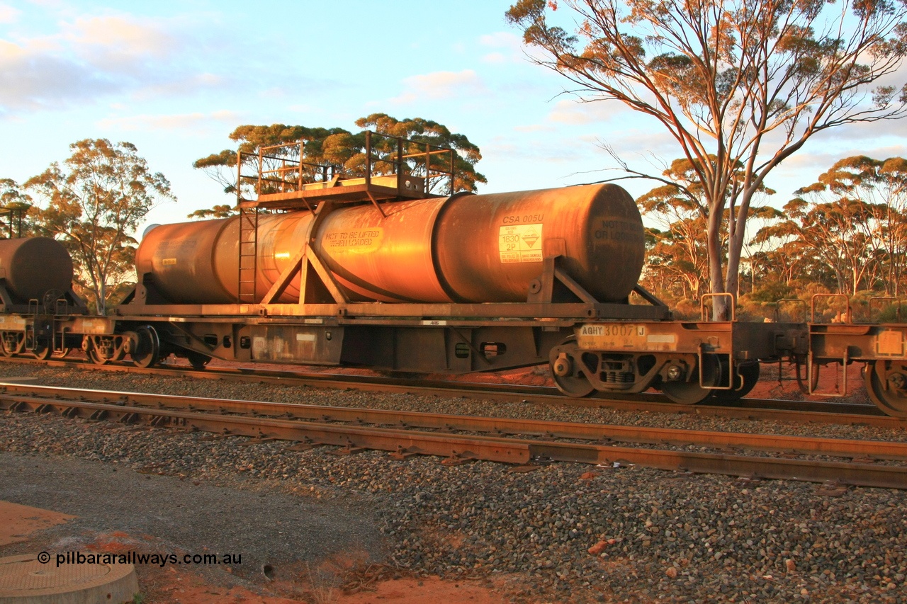 100731 3240
Binduli, AQHY 30071 with sulphuric acid tank CSA 005, originally built by the WAGR Midland Workshops in 1964/66 at WF type flat waggons, then following several codes and modifications in 1997 seventy five were converted to WQH to carry CSA sulphuric acid tanks between Hampton/Kalgoorlie and Perth/Kwinana.
Keywords: AQHY-type;AQHY30071;WAGR-Midland-WS;WF-type;WFDY-type;WFDF-type;RFDF-type;WQH-type;