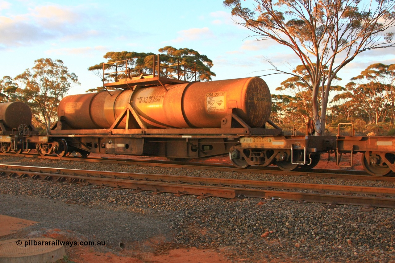 100731 3243
Binduli, AQHY 30094 with sulphuric acid tank CSA 0010, originally built by the WAGR Midland Workshops in 1964/66 at WF type flat waggons, then following several codes and modifications in 1997 seventy five were converted to WQH to carry CSA sulphuric acid tanks between Hampton/Kalgoorlie and Perth/Kwinana.
Keywords: AQHY-type;AQHY30094;WAGR-Midland-WS;WF-type;WFDY-type;WFDF-type;RFDF-type;WQH-type;