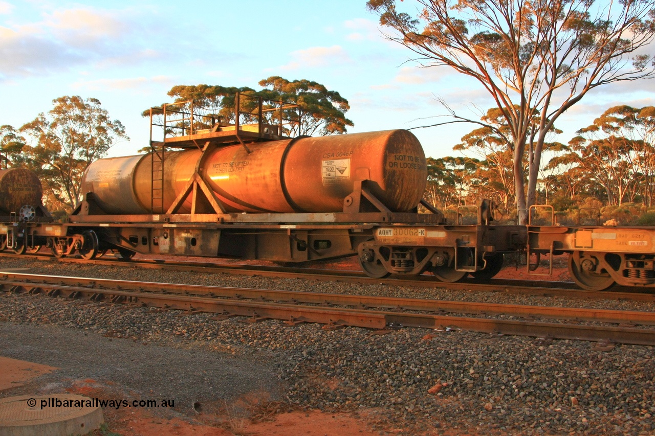 100731 3244
Binduli, AQHY 30062 with sulphuric acid tank CSA 0046, originally built by the WAGR Midland Workshops in 1964/66 at WF type flat waggons, then following several codes and modifications in 1997 seventy five were converted to WQH to carry CSA sulphuric acid tanks between Hampton/Kalgoorlie and Perth/Kwinana.
Keywords: AQHY-type;AQHY30062;WAGR-Midland-WS;WF-type;WFDY-type;WFDF-type;RFDF-type;WQH-type;