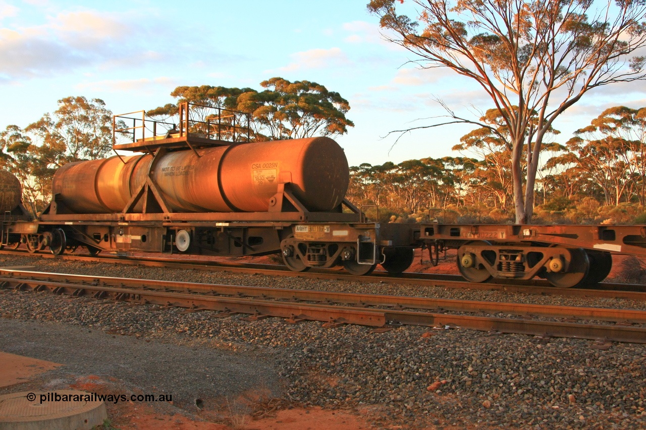 100731 3246
Binduli, AQHY 30117 with sulphuric acid tank CSA 0025, originally built by the WAGR Midland Workshops in 1964/66 at WF type flat waggons, then following several codes and modifications in 1997 seventy five were converted to WQH to carry CSA sulphuric acid tanks between Hampton/Kalgoorlie and Perth/Kwinana.
Keywords: AQHY-type;AQHY30117;WAGR-Midland-WS;WF-type;WFDY-type;WFDF-type;RFDF-type;WQH-type;