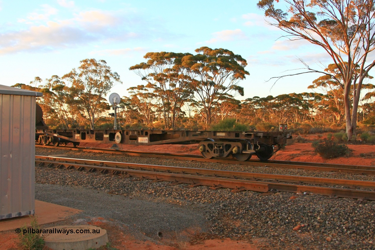 100731 3247
Binduli, AQWY 30222, flat waggon originally built by WAGR Midland Workshops as a WFX type in batch of forty five in 1973-74, recoded to WQCX in 1980, then to WQC for a couple of years 1980-82. In use here as a barrier waggon for the dangerous goods on the acid train.
Keywords: AQWY-type;AQWY30222;WAGR-Midland-WS;WFX-type;WQCX-type;WQC-type;