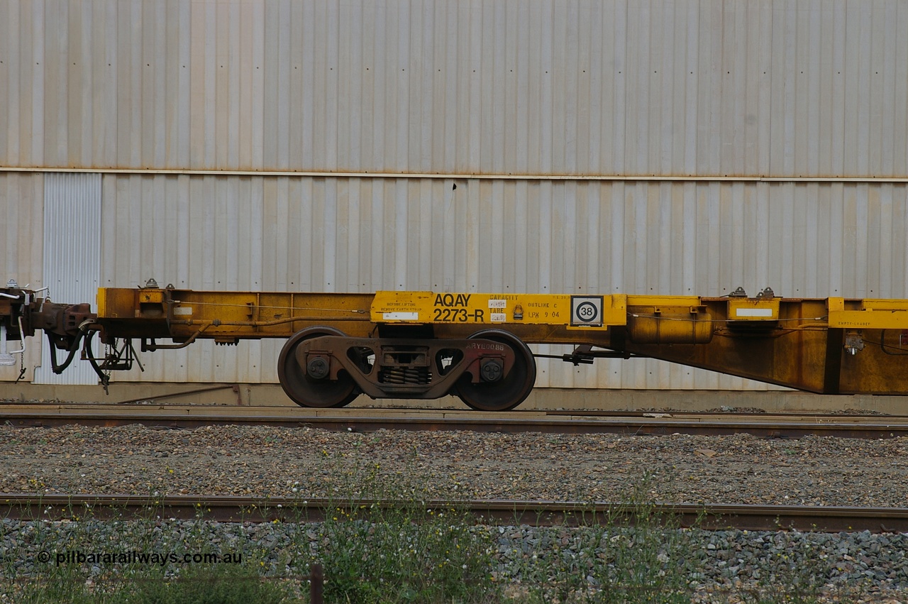 110710 7422 PD
West Kalgoorlie, AQAY 2273, this orphan waggon started life as a Comeng Vic built GOX type open waggon for Commonwealth Railways in 1970, then coded AOOX. Under AWR ownership is was reduced to this 3 TEU unit container skeletal waggon. Peter Donaghy image.
Keywords: Peter-D-Image;AQAY-type;AQAY2273;Comeng-Vic;GOX-type;AOOX-type;ROOX-type;ROKX-type;