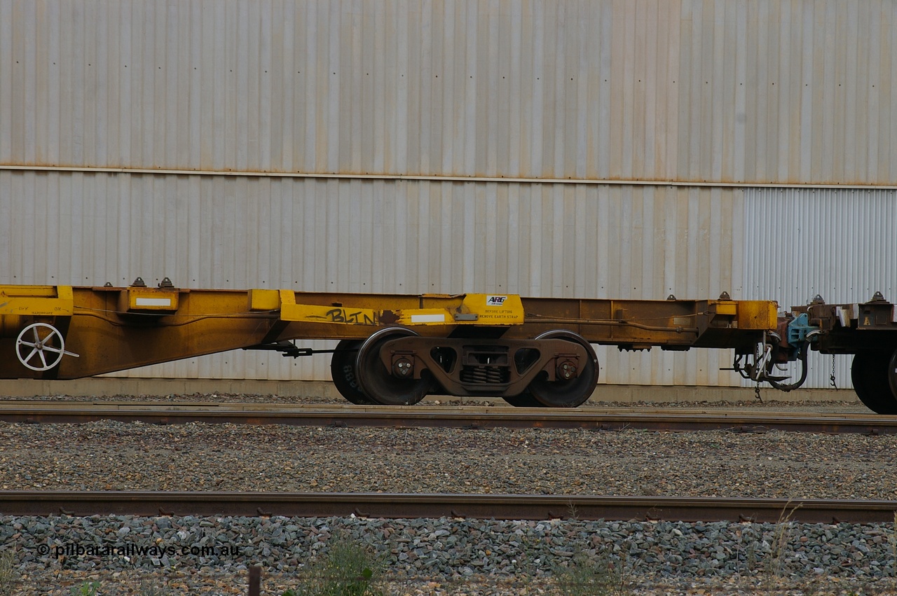 110710 7424 PD
West Kalgoorlie, AQAY 2273, this orphan waggon started life as a Comeng Vic built GOX type open waggon for Commonwealth Railways in 1970, then coded AOOX. Under AWR ownership is was reduced to this 3 TEU unit container skeletal waggon. Peter Donaghy image.
Keywords: Peter-D-Image;AQAY-type;AQAY2273;Comeng-Vic;GOX-type;AOOX-type;ROOX-type;ROKX-type;