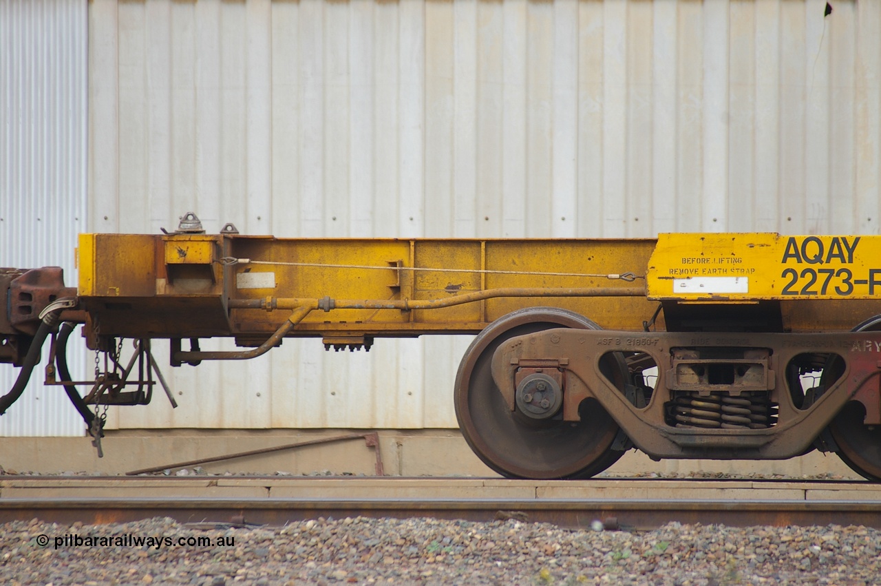 110710 7425 PD
West Kalgoorlie, AQAY 2273, this orphan waggon started life as a Comeng Vic built GOX type open waggon for Commonwealth Railways in 1970, then coded AOOX. Under AWR ownership is was reduced to this 3 TEU unit container skeletal waggon. Peter Donaghy image.
Keywords: Peter-D-Image;AQAY-type;AQAY2273;Comeng-Vic;GOX-type;AOOX-type;ROOX-type;ROKX-type;