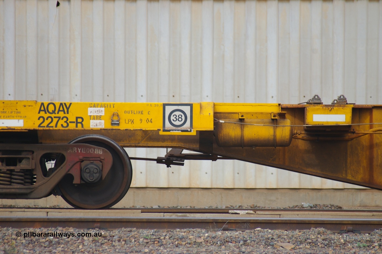 110710 7426 PD
West Kalgoorlie, AQAY 2273, this orphan waggon started life as a Comeng Vic built GOX type open waggon for Commonwealth Railways in 1970, then coded AOOX. Under AWR ownership is was reduced to this 3 TEU unit container skeletal waggon. Peter Donaghy image.
Keywords: Peter-D-Image;AQAY-type;AQAY2273;Comeng-Vic;GOX-type;AOOX-type;ROOX-type;ROKX-type;