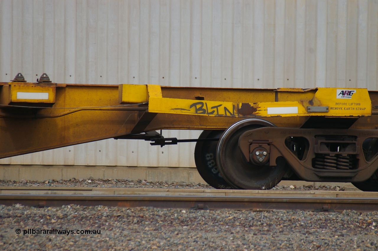 110710 7429 PD
West Kalgoorlie, AQAY 2273, this orphan waggon started life as a Comeng Vic built GOX type open waggon for Commonwealth Railways in 1970, then coded AOOX. Under AWR ownership is was reduced to this 3 TEU unit container skeletal waggon. Peter Donaghy image.
Keywords: Peter-D-Image;AQAY-type;AQAY2273;Comeng-Vic;GOX-type;AOOX-type;ROOX-type;ROKX-type;