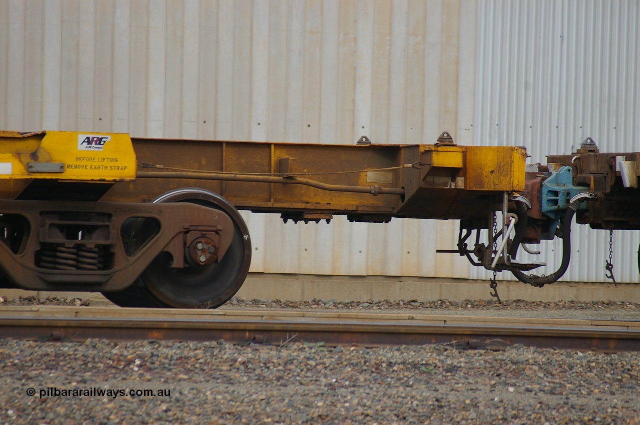 110710 7430 PD
West Kalgoorlie, AQAY 2273, this orphan waggon started life as a Comeng Vic built GOX type open waggon for Commonwealth Railways in 1970, then coded AOOX. Under AWR ownership is was reduced to this 3 TEU unit container skeletal waggon. Peter Donaghy image.
Keywords: Peter-D-Image;AQAY-type;AQAY2273;Comeng-Vic;GOX-type;AOOX-type;ROOX-type;ROKX-type;