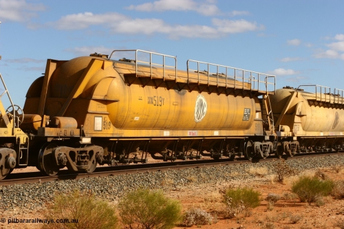 060527 4070
Leonora, WN 519, pneumatic discharge nickel concentrate waggon, one of thirty built by AE Goodwin NSW as WN type in 1970 for WMC.
Keywords: WN-type;WN519;AE-Goodwin;