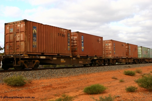 060527 4114
Scotia, AQNY 32195, one of sixty two waggons built by Goninan WA in 1998 as WQN type for Murrin Murrin container traffic, with two Royal Wolf 20' containers WTQU 229658 and RWHU 265044, train 6029 loaded Malcolm freighter.
Keywords: AQNY-type;AQNY32195;Goninan-WA;WQN-type;