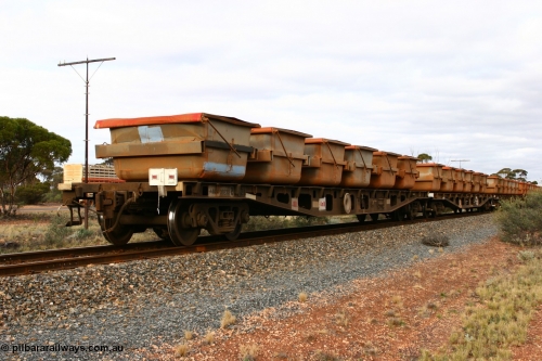 060527 4138
Scotia, AQCY 30233 flat waggon, one of forty five waggons built by WAGR Midland Workshops in 1974 as WFX type, recoded in 1981 to WQCX. Here carrying six loaded nickel ore kibbles and the end of train marker.
Keywords: AQCY-type;AQCY30233;WAGR-Midland-WS;WFX-type;WQCX-type;