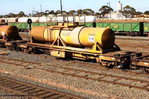 060528 4467
West Kalgoorlie, AQHY 30005 with sulphuric acid tank CSA 0029, originally built by the WAGR Midland Workshops in 1964/66 as a WF type flat waggon, then in 1997, following several recodes and modifications, was one of seventy five waggons converted to the WQH type to carry CSA sulphuric acid tanks between Hampton/Kalgoorlie and Perth/Kwinana.
Keywords: AQHY-type;AQHY30005;WAGR-Midland-WS;WF-type;WFDY-type;WFDF-type;RFDF-type;WQH-type;