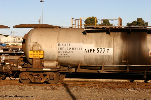060528 4643 ATPF577Y
West Kalgoorlie, ATPF 577 fuel tank waggon built by WAGR Midland Workshops 1974 for Shell as type WJP, 80.66 kL one compartment one dome, capacity of 80500 litres, fitted with type F InterLock couplers Shell Fleet no. TR712.
Keywords: ATPF-type;ATPF577;WAGR-Midland-WS;WJP-type;