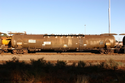 060528 4646 ATMF552N
West Kalgoorlie, ATMF 552 fuel tank waggon, one of three built by Tulloch Limited NSW as WJM type in 1971 with a capacity of 96,250 litres, one compartment, one dome, current capacity of 80,500 litres, fitted with type F InterLock couplers. WJM's 551 and 552 built for Shell and 553 built for BP Oil.
Keywords: ATMF-type;ATMF552;Tulloch-Ltd-NSW;WJM-type;