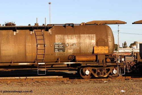 060528 4648
West Kalgoorlie, ATPF 581 fuel tank waggon built by WAGR Midland Workshops 1976 for Shell as type WJP 80.66 kL one compartment one dome, fitted with type F InterLock coupler. Converted to narrow gauge 1986 and recoded JPC.
Keywords: ATPF-type;ATPF581;WAGR-Midland-WS;WJP-type;JPC-type;