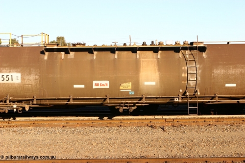 060528 4655
West Kalgoorlie, ATMF 551 fuel tank waggon, one of three built by Tulloch Limited NSW as WJM type in 1971 with a capacity of 96.25 kL one compartment one dome, current capacity of 80500 litres. 551 and 552 for Shell and 553 for BP Oil.
Keywords: ATMF-type;ATMF551;Tulloch-Ltd-NSW;WJM-type;