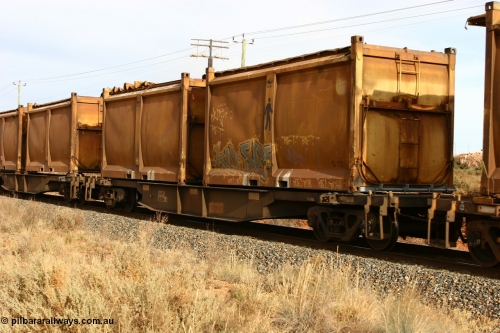 060531 4985
West Kalgoorlie, AQNY 32194 one of sixty two waggons built by Goninan WA in 1998 as WQN type for Murrin Murrin container traffic, with sulphur skips S131 and S162 with original door and sliding tarpaulins.
Keywords: AQNY-type;AQNY32194;Goninan-WA;WQN-type;