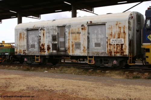 060531 5074
Parkeston, OPC 381, originally built by South Australian Railways Islington Workshops in 1964 as an 8300 type brake van numbered 8365 on broad gauge, to standard gauge and recoded in Sept 1982 to AVAY 381, converted for LCL traffic Peterborough and Broken Hill in June 1987 as ABLP and then in April 1992 modified and recoded to OPC stores van.
Keywords: OPC-type;OPC381;SAR-Islington-WS;8300-type;8365;AVAY-type;ABLP-type