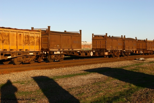 060603 5246
Midland, AQCY 30204 container flat waggon built by WAGR Midland Workshops in 1974 part of a batch of forty five WFX type container flat waggons, in 1980 recoded to WQCX loaded with two Westrail COR type 20' roll top containers COR 5819 and COR 5631.
Keywords: AQCY-type;AQCY30204;WAGR-Midland-WS;WFX-type;WQCX-type;