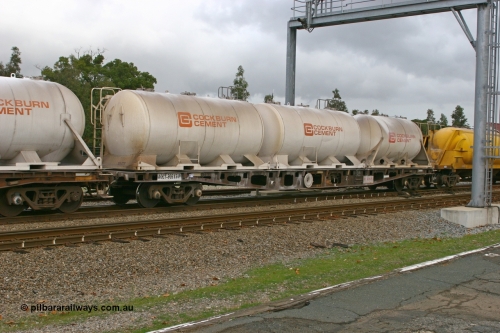 070608 0093
Midland, AQCY 30212 container waggon, originally one of forty five built by WAGR Midland Workshops in 1974 as WFX type, to WQCX in 1981, carrying three Cockburn Cement pressurised cement - lime tanktainers.
Keywords: AQCY-type;AQCY30212;WAGR-Midland-WS;WFX-type;WQCX-type;