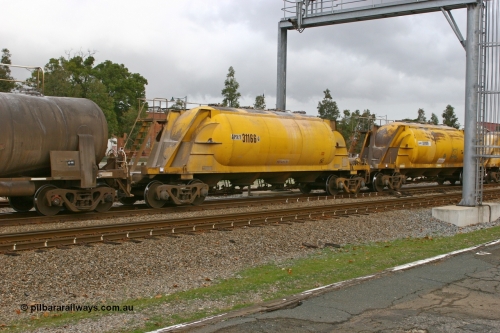 070608 0098
Midland, APNY 31166, one of four built by Westrail Midland Workshops in 1978 as WNA type pneumatic discharge nickel concentrate waggon, WAGR built and owned copies of the AE Goodwin built WN waggons for WMC.
Keywords: APNY-type;APNY31166;Westrail-Midland-WS;WNA-type;