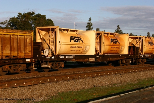 070609 0187
Midland, AZDY 30714, one of about fourteen WBAX vans converted to AZDY type sodium cyanide container waggon, originally built by WAGR Midland Workshops as one of seventy five WV/X type covered vans in 1967-68, converted late 1988/9 to WQDF.
Keywords: AZDY-type;AZDY30714;WAGR-Midland-WS;WVX-type;VWV-type;WBAX-type;WQDY-type;