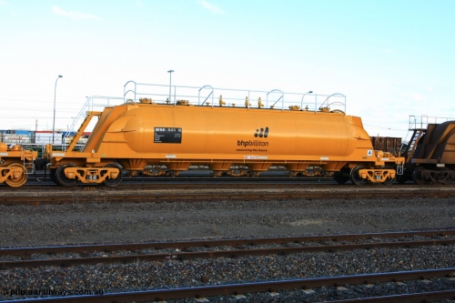 100601 8452
West Kalgoorlie, WNB 543, pneumatic discharge nickel concentrate waggon, one of six units built by Bluebird Rail Services SA in 2010 for BHP Billiton.
Keywords: WNB-type;WNB543;Bluebird-Rail-Operations-SA;
