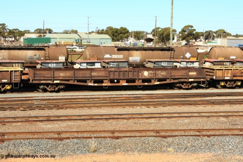 100603 8855
West Kalgoorlie, WGL 636 originally one of ten units built by Westrail Midland Workshops in 1976 as WFN type bogie flat waggon for Western Mining Corporation for nickel matte kibble traffic as WFN 608 and converted to WGL for bagged nickel matte in 1979.
Keywords: WGL-type;WGL636;Westrail-Midland-WS;WFN-type;