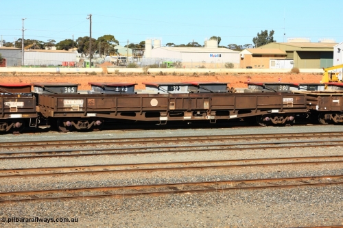 100603 8859
West Kalgoorlie, WGL 633 originally one of three units built by Westrail Midland Workshops in 1976-77 as WGL type bogie flat waggon for Western Mining Corporation for bagged nickel matte traffic.
Keywords: WGL-type;WGL633;Westrail-Midland-WS;