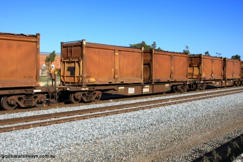 100608 9716
Midland, AQNY 32193, one of sixty two waggons built by Goninan WA in 1998 as WQN type for Murrin Murrin container traffic, with sulphur skips S60V with replacement door and blue roll top tarpaulin, and S31G with original door and sliding tarpaulin, on train 2430 empty Malcolm freighter.
Keywords: AQNY-type;AQNY32193;Goninan-WA;WQN-type;