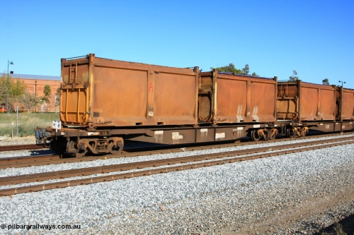 100608 9733
Midland, AQNY 32201, one of sixty two waggons built by Goninan WA in 1998 as WQN type for Murrin Murrin container traffic, with sulphur skips S124J with replacement door and roll top tarpaulin and S52X with original door and original sliding tarpaulin on train 2430 empty Malcolm freighter.
Keywords: AQNY-type;AQNY32201;Goninan-WA;WQN-type;