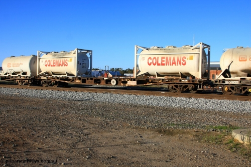 100609 09951
Midland, AQWY 30204 container flat waggon built by WAGR Midland Workshops in 1974 part of a batch of forty five WFX type container flat waggons, in 1980 recoded to WQCX, then to AQCY. Loaded with two empty Colemans' 20' 2NB4 tanktainers for lime transport, CCCU 800021 and 800028.
Keywords: AQWY-type;AQWY30204;WAGR-Midland-WS;WFX-type;WQCX-type;AQCY-type;