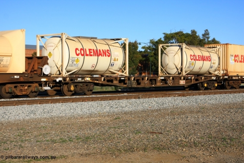 100609 09983
Midland, AQCY 30242 container flat waggon built by WAGR Midland Workshops in a batch of forty five WFX type container flats in 1974, recoded to WQCX in 1980. Loaded two 20' Colemans' 22T6 tanktainers empty for ammonium nitrate CCTU 500006 and CCTU 500002.
Keywords: AQCY-type;AQCY30242;WAGR-Midland-WS;WFX-type;WQCX-type;