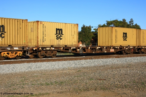 100609 10016
Midland, AQCY 30208 container flat waggon built by WAGR Midland Workshops in a batch of forty five WFX type container flats in 1974, recoded to WQCX in 1980. Loaded with two 20' Mediterranean Shipping 22G1 type containers MSCU 238948 and MEDU 121916.
Keywords: AQCY-type;AQCY30208;WAGR-Midland-WS;WFX-type;WQCX-type;